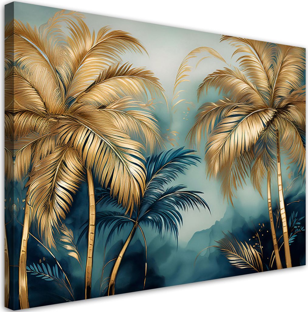 Leinwandbild Blau-goldene Palmen auf grauem Hintergrund 90x60 Feeby Gold bild für die wand bereit zum aufhängen