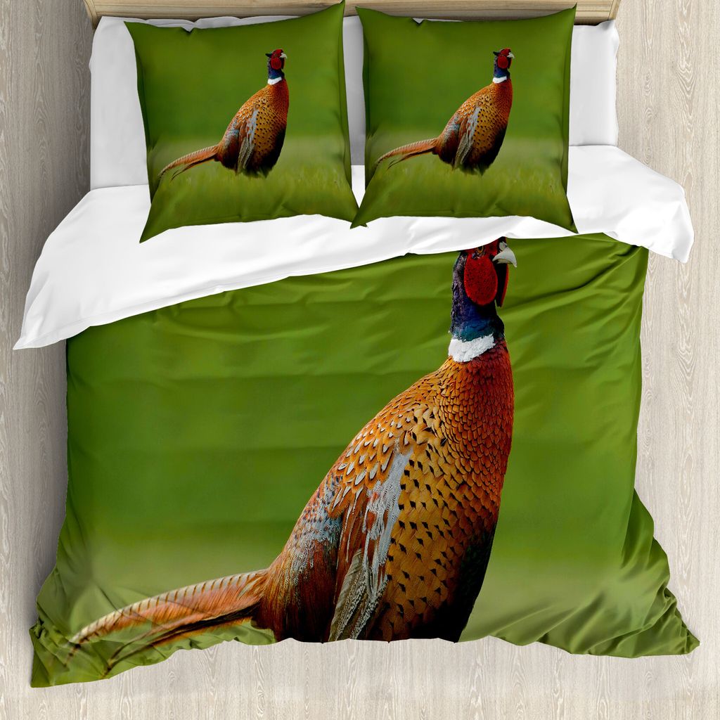ABAKUHAUS Vogel Bettbezug, Fasan Long Tail Wiese, Milbensicher Allergiker geeignet mit Kissenbezügen, 200 cm x 200 cm - 80 x 80 cm, Grün Orange Rot