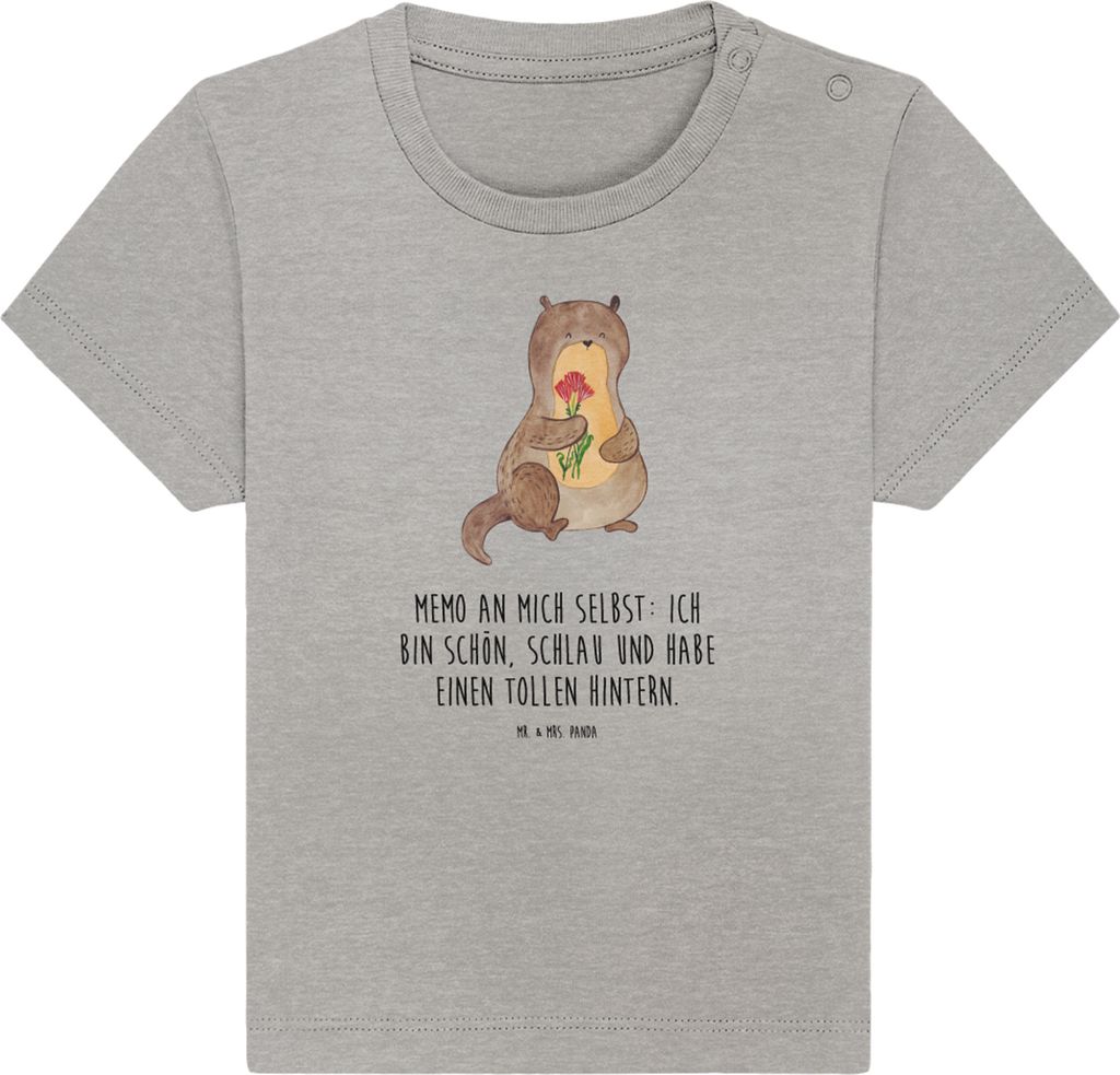Mr. & Mrs. Panda T-Shirt Otter Blumenstrauß 6. - 12. Monat - Heather Grey - Geschenk, Babyshirt, Organic Baby Shirt, Achtsamkeit, Kleinkind, Seeot...