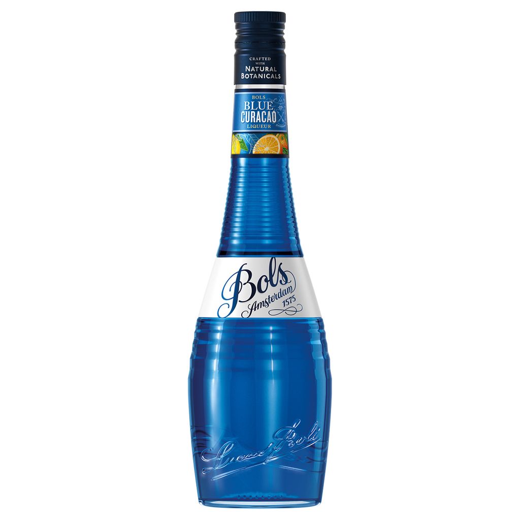 A bottle of Bols Blue Curaçao liqueur against a white background.