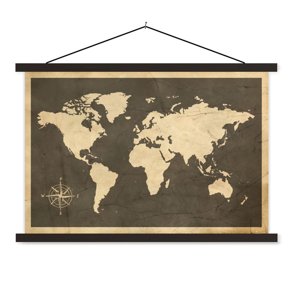 MuchoWow Textilposter Weltkarte - Holz - Vintage 150x100 cm mit schwarzem Rahmen - Schlafzimmer
