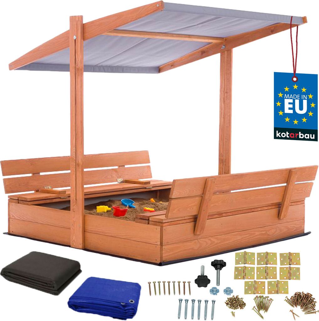KOTARBAU Sandkasten mit Abdeckung 120 x 120 cm Großer Braun Holzsandkasten mit Grau Dach Sandkasten mit Deckel Sandkasten mit Dach Gartenspielze...
