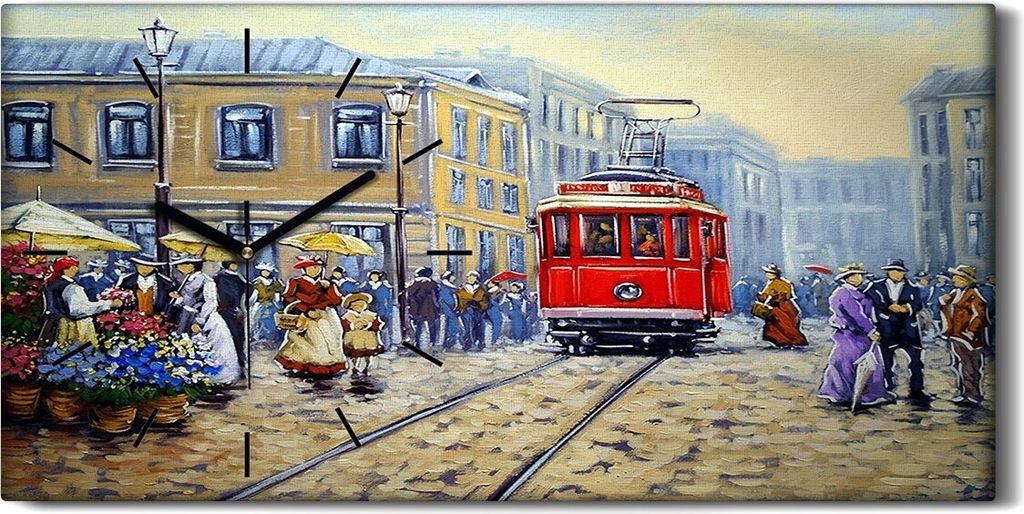Wandbild Leinwand Bilder mit Uhr 60x30 Straßenbahn in alten Stadt Landschaft - schwarze Hände