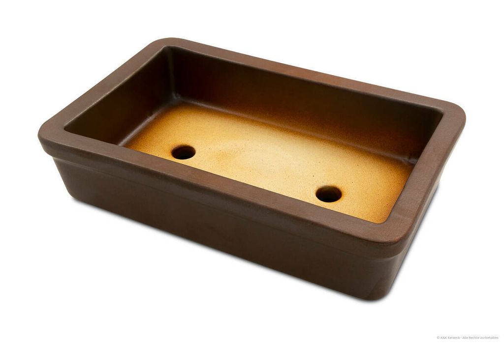 KERAZO Bonsaischale Pflanzschale aus Keramik mit zwei Bodenlöcher 29x18x7 cm frostfest, standfest, Farbe: braun-matt