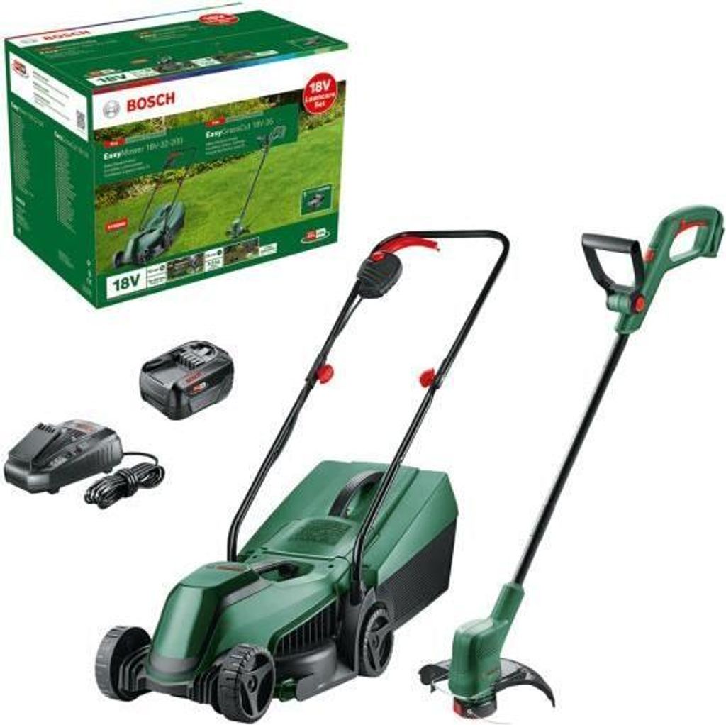 Bosch Pack 18V EasyMower + EasyGrassCut Rasenmäher + 1 x 4,0 Ah Akku und Ladegerät