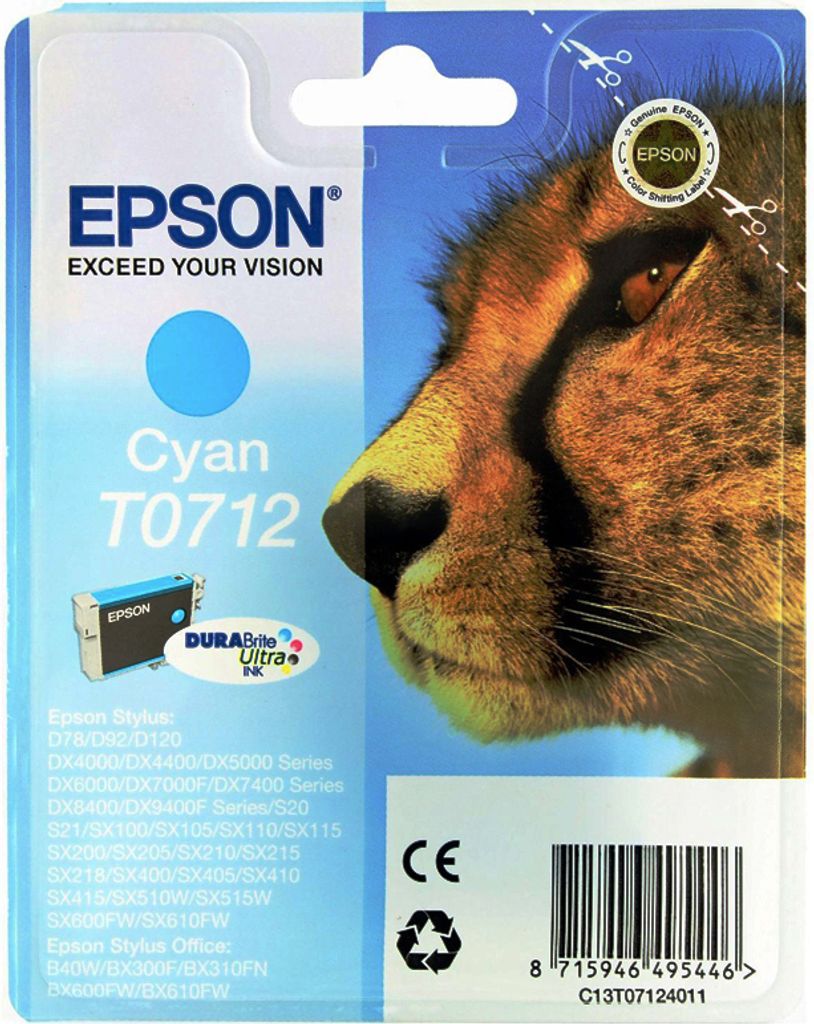 Packaging for an Epson cyan ink cartridge.