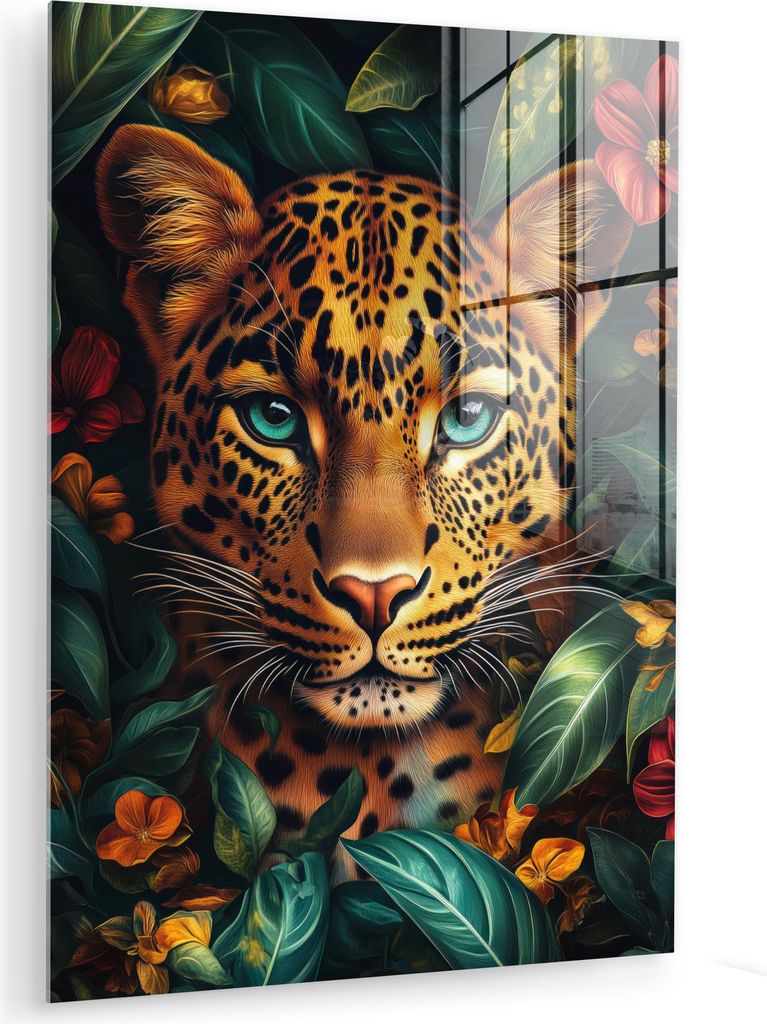 MuchoWow Glasbilder - Bilder auf Wandbild - Foto auf Glas Leopard - Natur - Blumen - Dschungel 30x40 cm Wanddekoration aus Glas - Acrylglasbild - A...