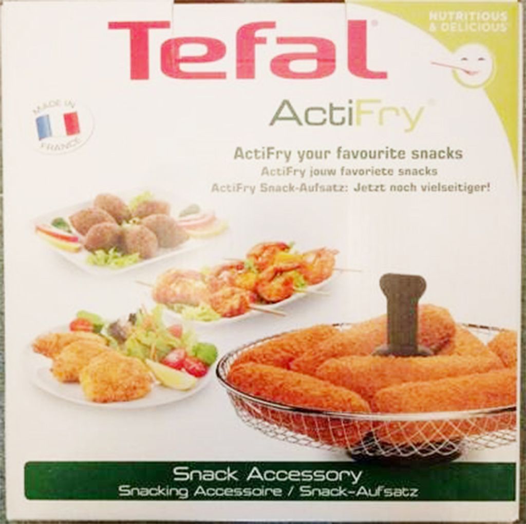 The image shows the packaging for a Tefal ActiFry snack accessory.