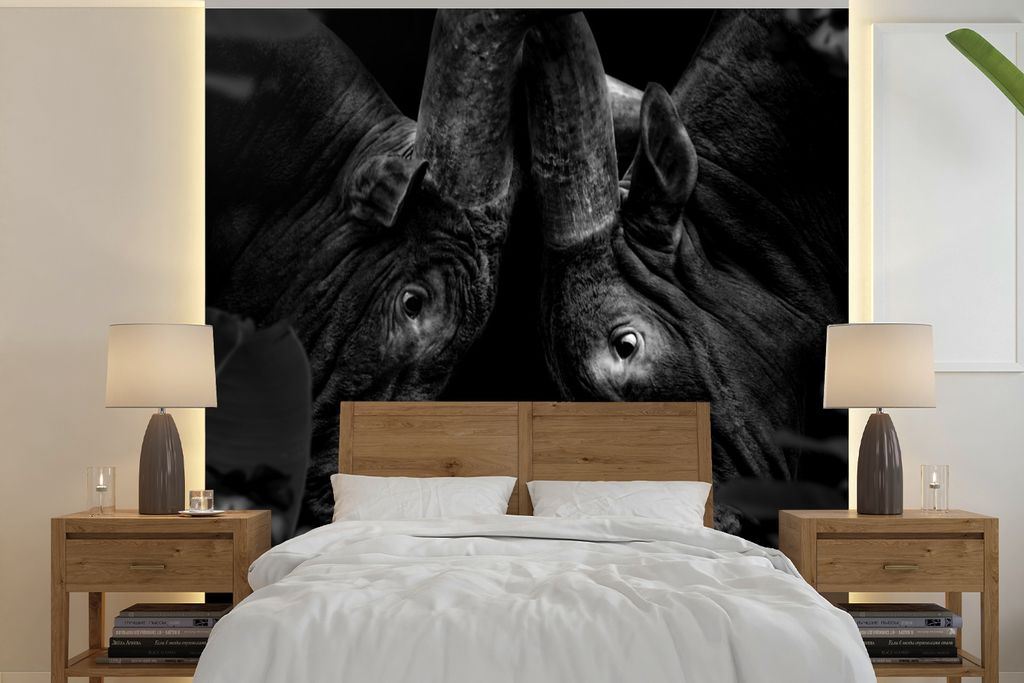 MuchoWow Fototapete für Wohnzimmer oder Schlafzimmer Wandtapete Vinyl Motivtapete Blumen - Kuh - Dschungel - Schwarz - Weiß - 300x300 cm - Wand...