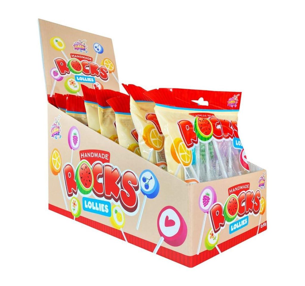 Display Komplett Rocks Lollies 150 g einzeln verpackt Motive Fruchtgeschmack 12 Beutel
