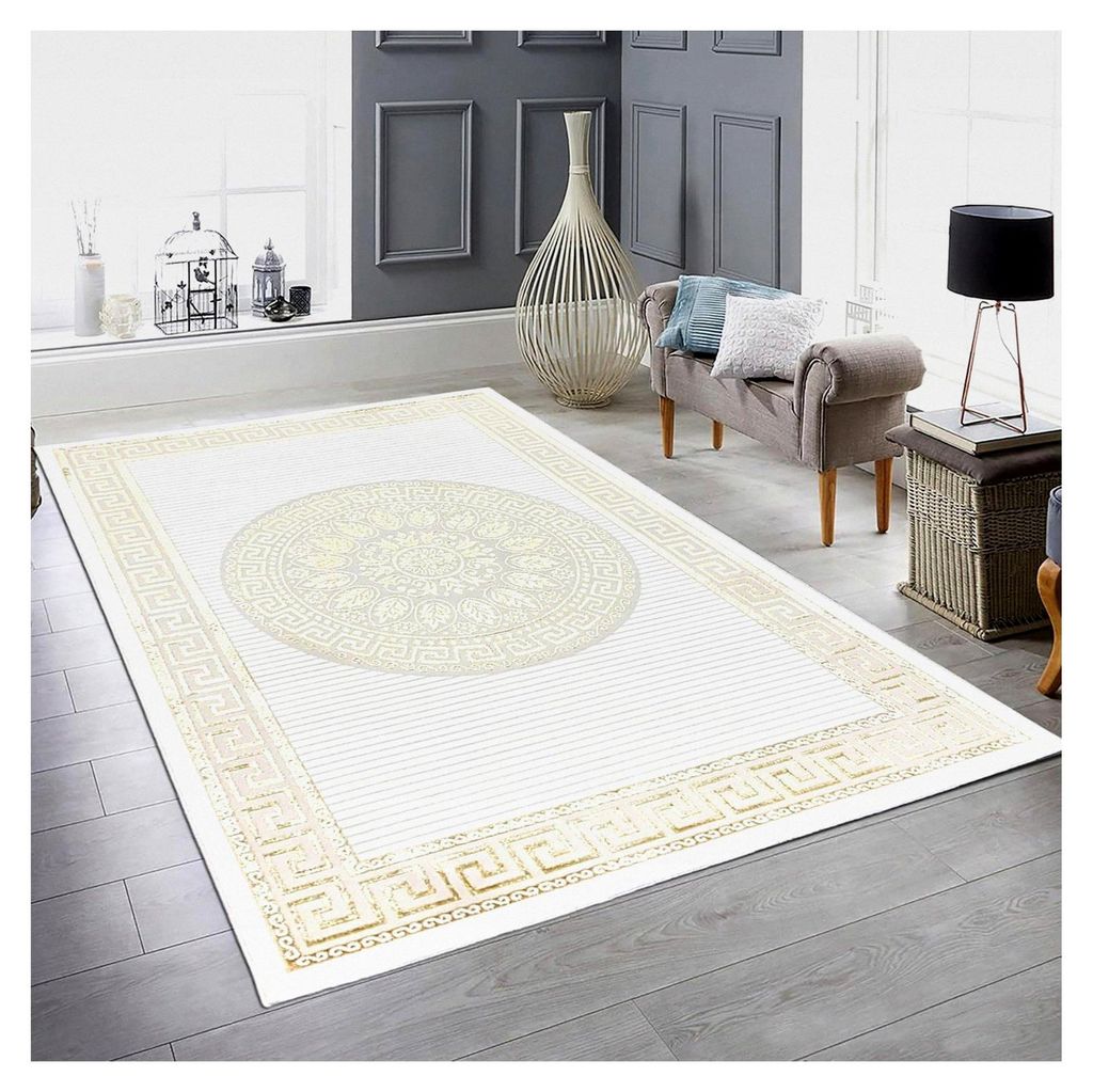 Teppich für Wohnzimmer und Schlafzimmer Kurzflor orientalisch mit Glanzeffekt in Creme und Gold 160 x 230 cm