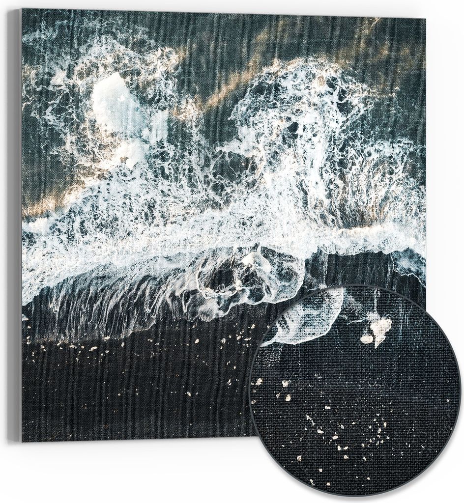 DEQORI Hybrid Leinwand Bild 30x30 cm 'Gischt & Lavagestein' Wandbild Glas flach modern