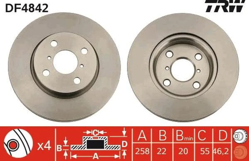 Disque de frein TRW DF4842 pour remplacement Toyota Yaris OE