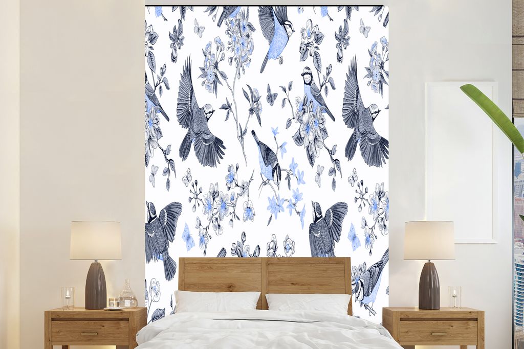 MuchoWow Fototapete für Wohnzimmer oder Schlafzimmer Wandtapete Vinyl Motivtapete Blumen - Vogel - Blau - 145x220 cm - Wanddekoration