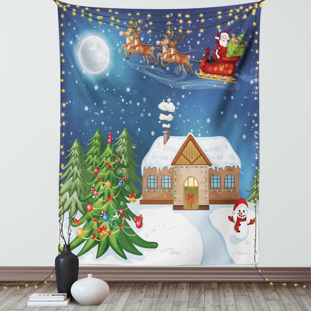 ABAKUHAUS Weihnachten Wandteppich, Klassische Weihnachtslandschaft Sankt, die Geschenke mit Rudolf das rote gerochene Ren liefert, Wohnzimmer Schla...