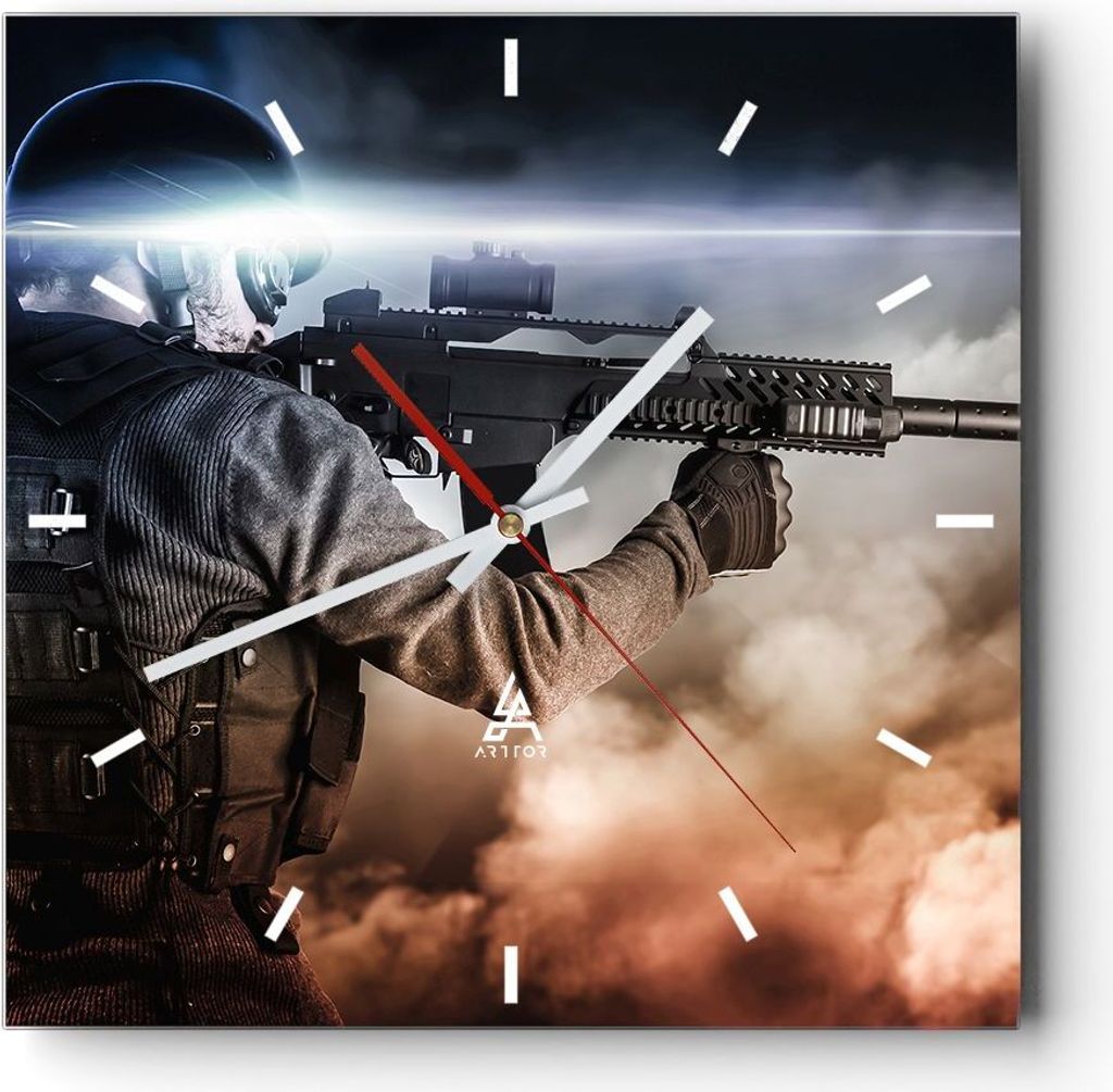 Wanduhr - Quadrat - Glasuhr - Armee Soldat Shooter kugelsichere Weste - 30x30cm - Schleichendes Uhrwerk - Lautlos - zum Aufhängen bereit - Dekorat...