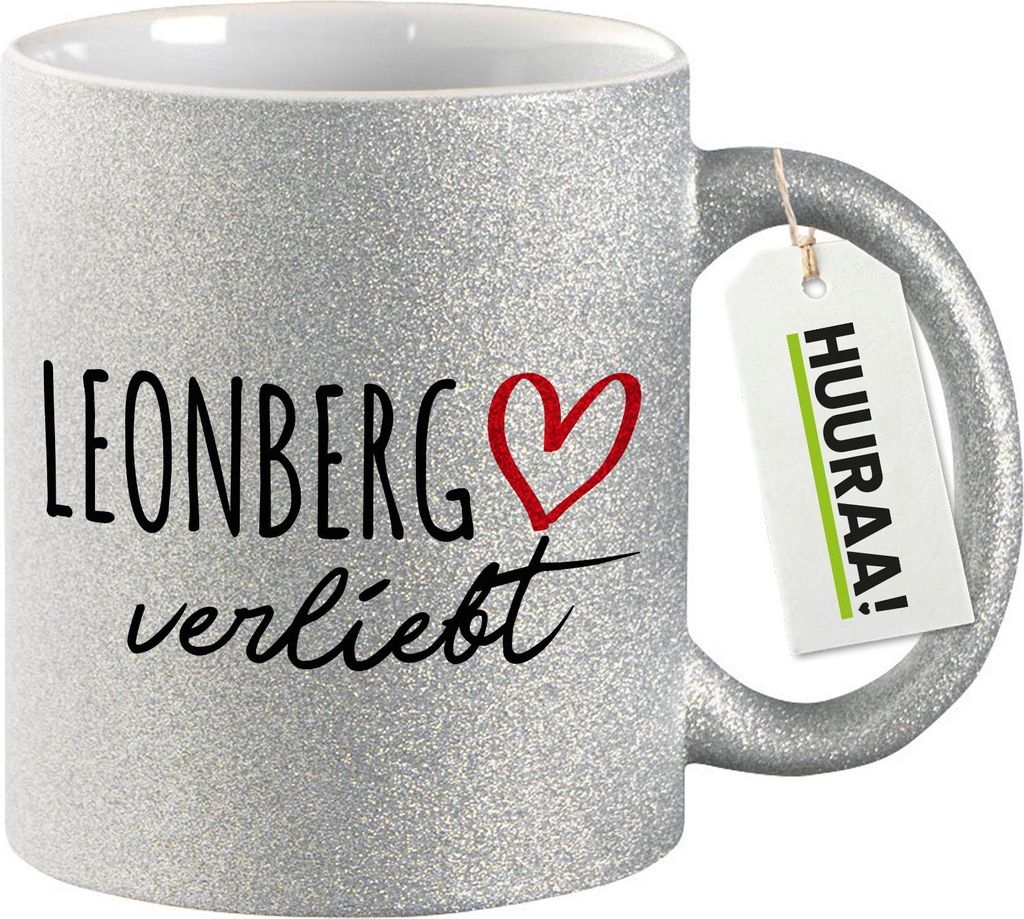 Huuraa Glitzertasse Leonberg verliebt 330ml Silber Keramik Kaffeebecher Geschenkidee