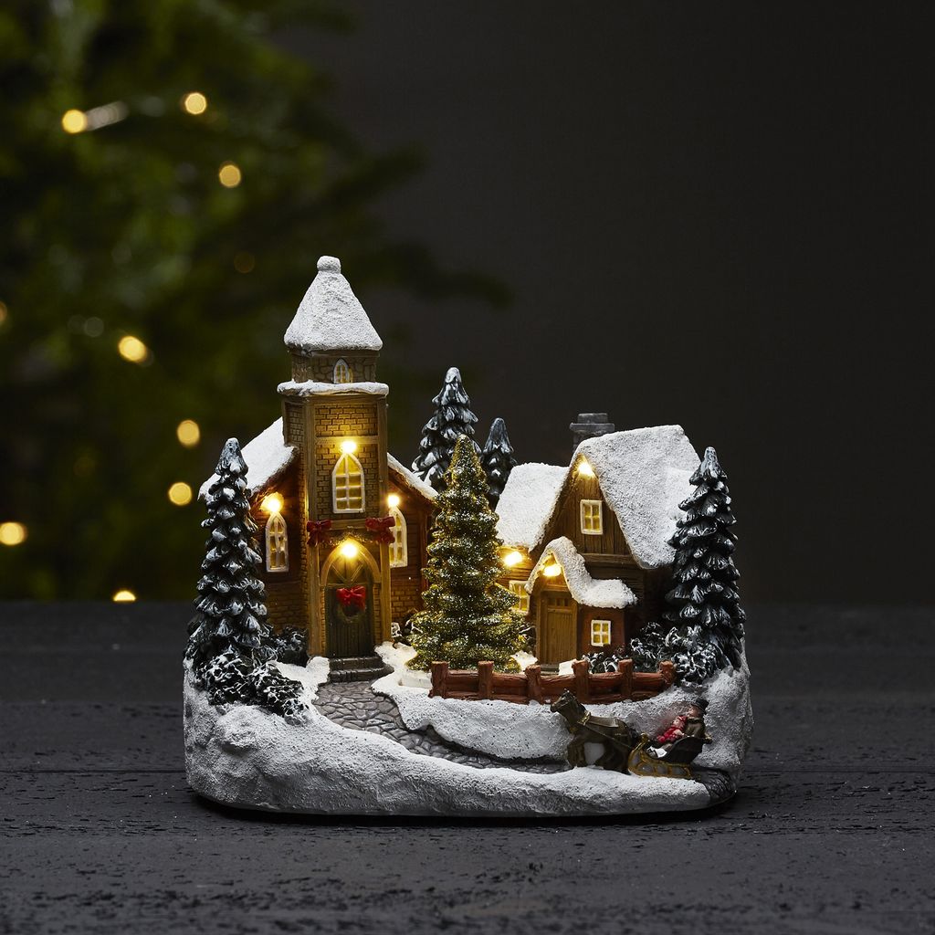 LED-Kirche 'Churchville' - 7 warmweiße LED - H: 18cm - weihnachtliche Dorfszene mit Drehbaum - bunt