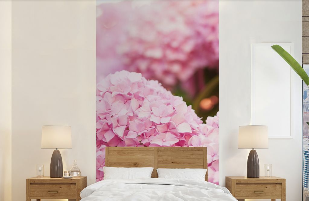 MuchoWow Fototapete für Wohnzimmer oder Schlafzimmer Wandtapete Vinyl Motivtapete Busch - Blumen - Rosa - Hortensie - 120x240 cm - Hintergrundbild