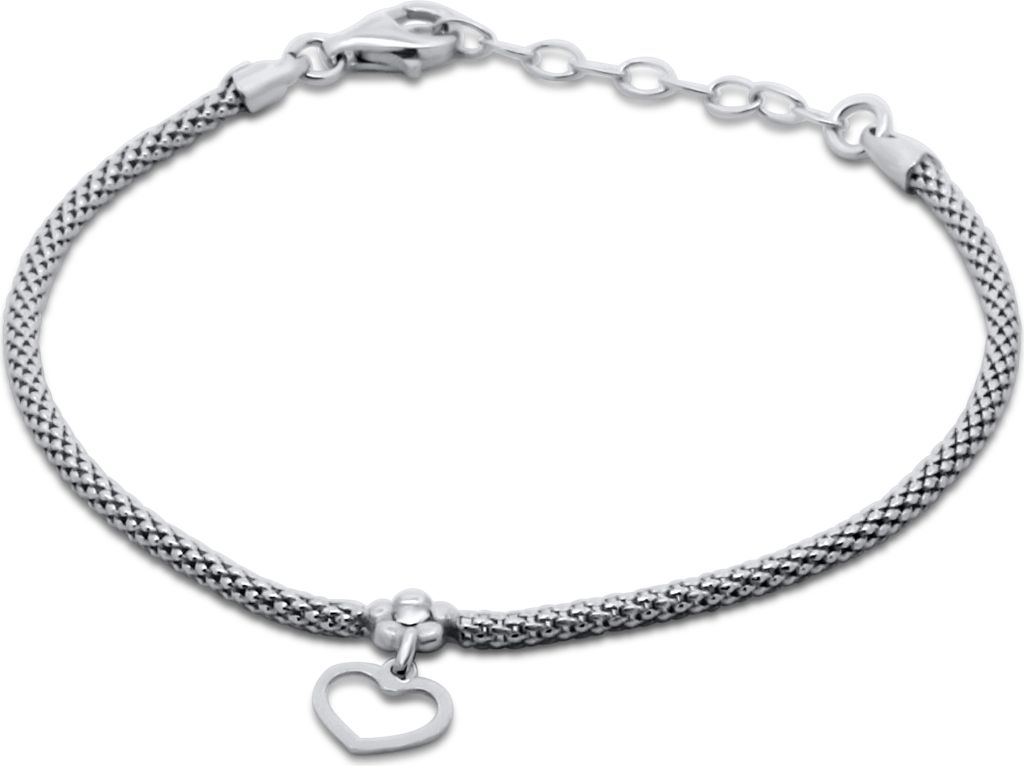 Neu Bling 9NB-1355 Silberarmband mit Kristallstein und Anhänger - Herz - 8mm - Popcorn-Armband - 2mm Dicke - 16+3cm - Rhodium - Silber