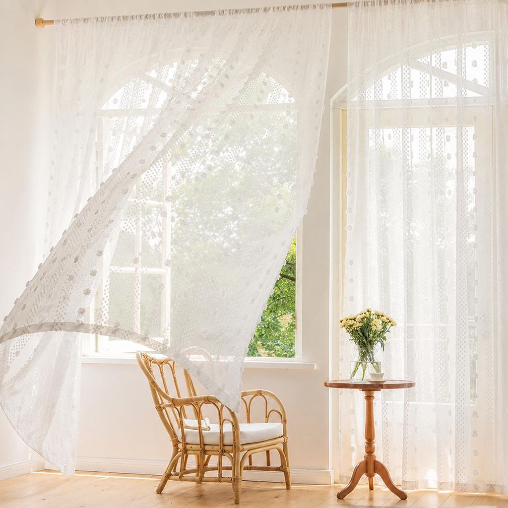 2 Stück Vorhänge mit Pompons Halbtransparent Weiß Voile Produktbild 