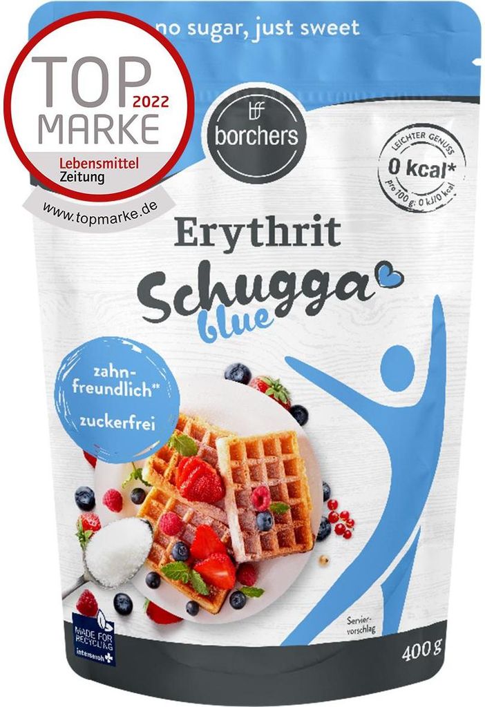 A bag of Borchers Erythrit Schugga blue sweetener, with waffles and berries shown on the front.