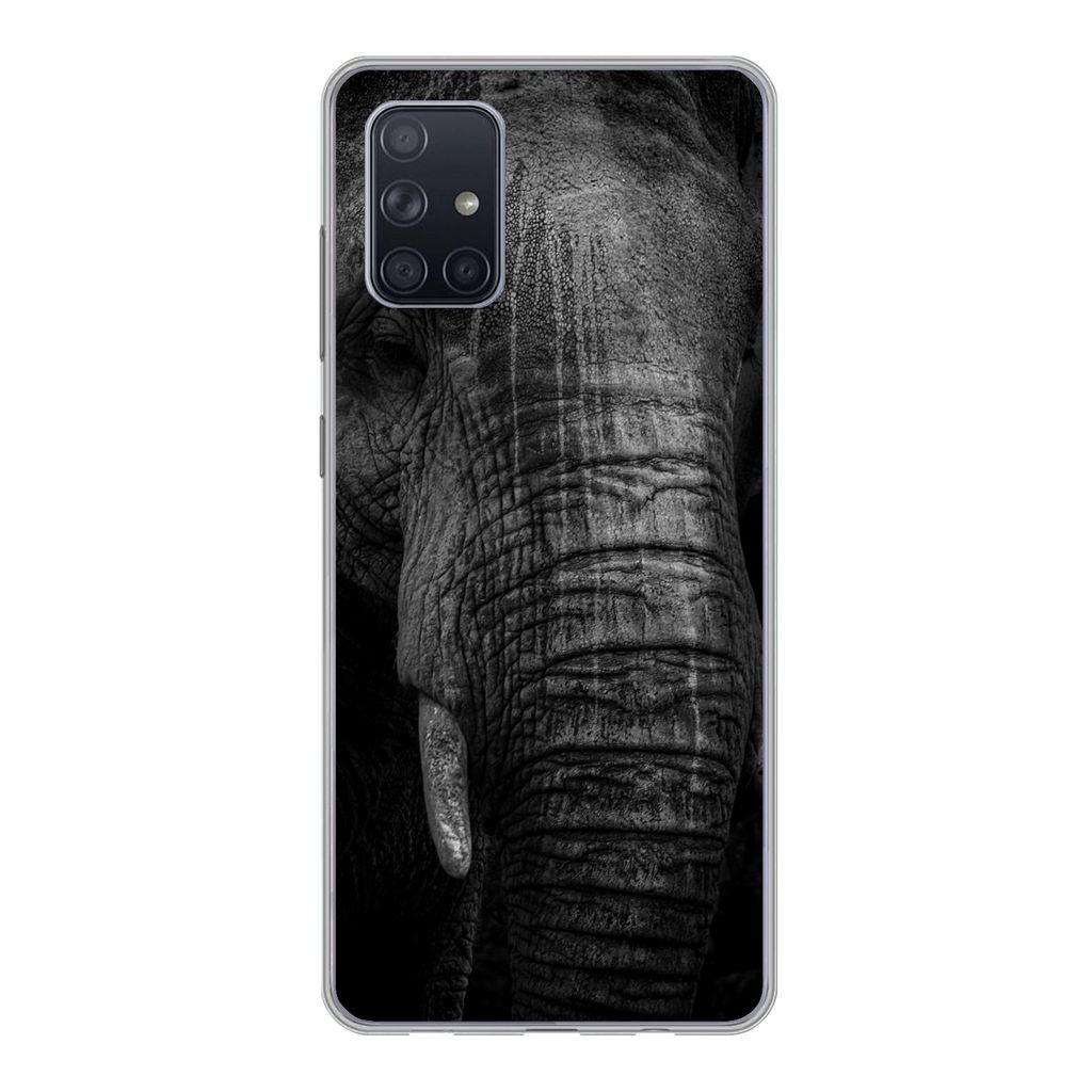 MuchoWow Handyhülle Schutzhülle Hülle für Samsung Galaxy A51 5G Elefant auf schwarzem Hintergrund in schwarz und weiß Silikon Softcase Handy...