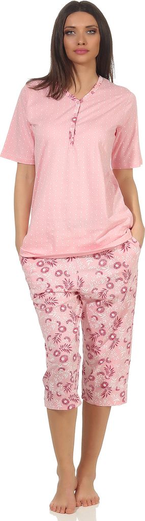 Damen Capri Pyjama kurzarm im klassischen Design mit floralen Print und Knopfleiste am Hals ; rosa , 36