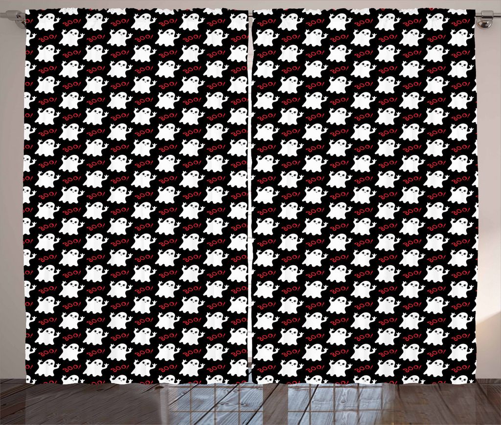 ABAKUHAUS Geist Rustikaler Gardine, Weiße Geister mit Boo-Texten, Schlafzimmer Kräuselband Vorhang mit Schlaufen und Haken, 280 x 225 cm, Zinnobe...