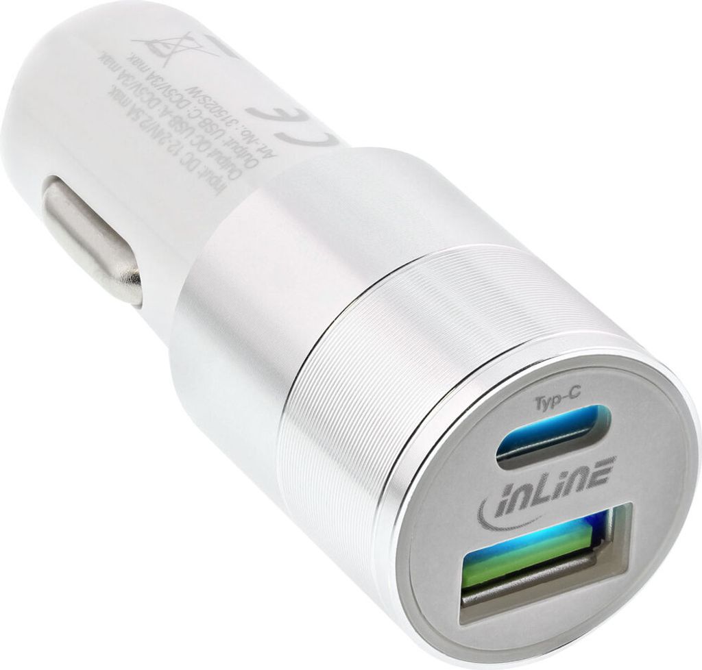 InLine USB 36W KFZ Ladegerät QC 3.0, USB-A + USB-C, PD 3.0, 12/24V DC, weiß