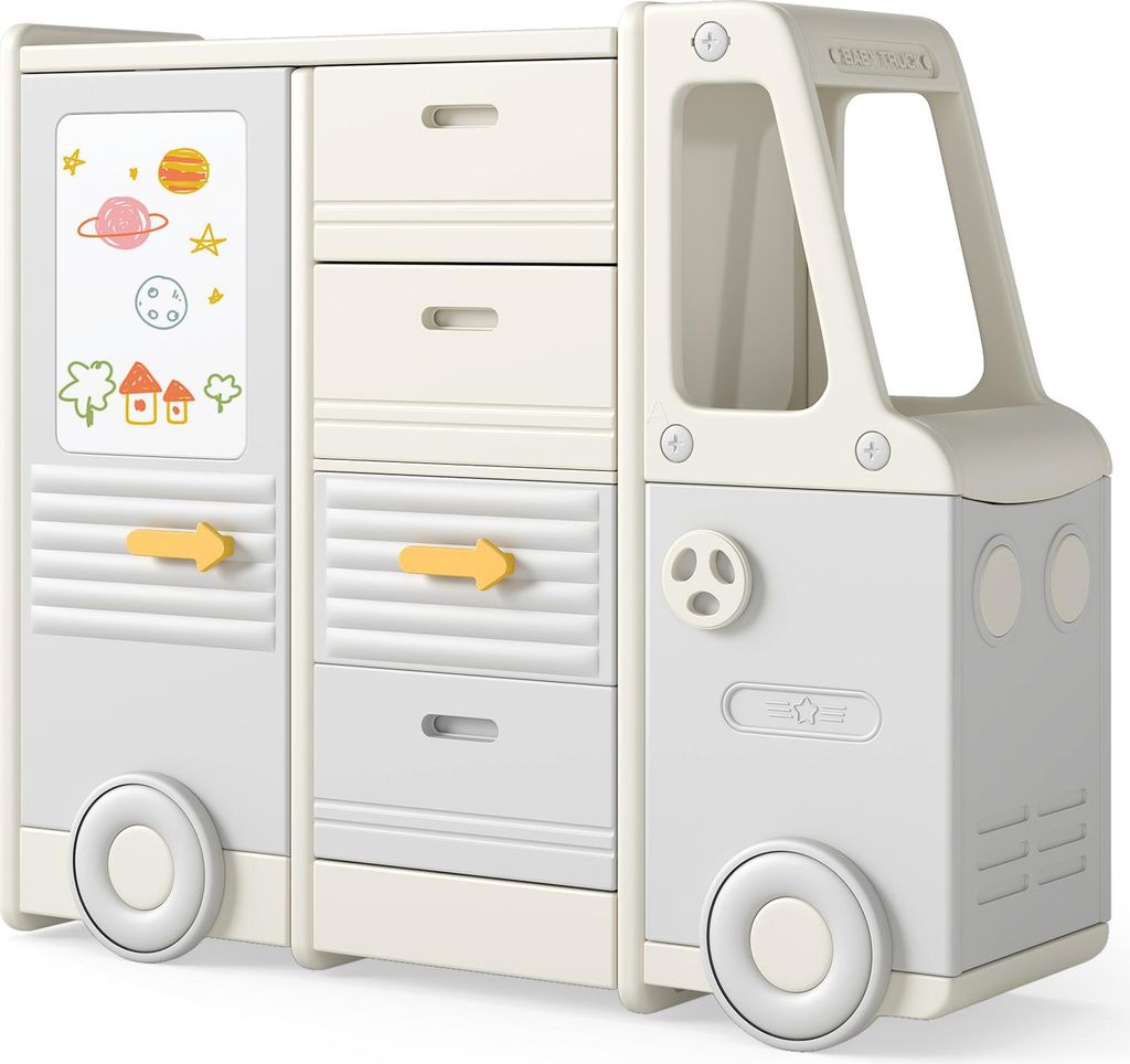 COSTWAY Spielzeugregal Auto, Kinderregal in Busform mit Whiteboard, 4 Schubladen & Schränken, Bücherregal, Kinderzimmer Regal, 111x34x94cm