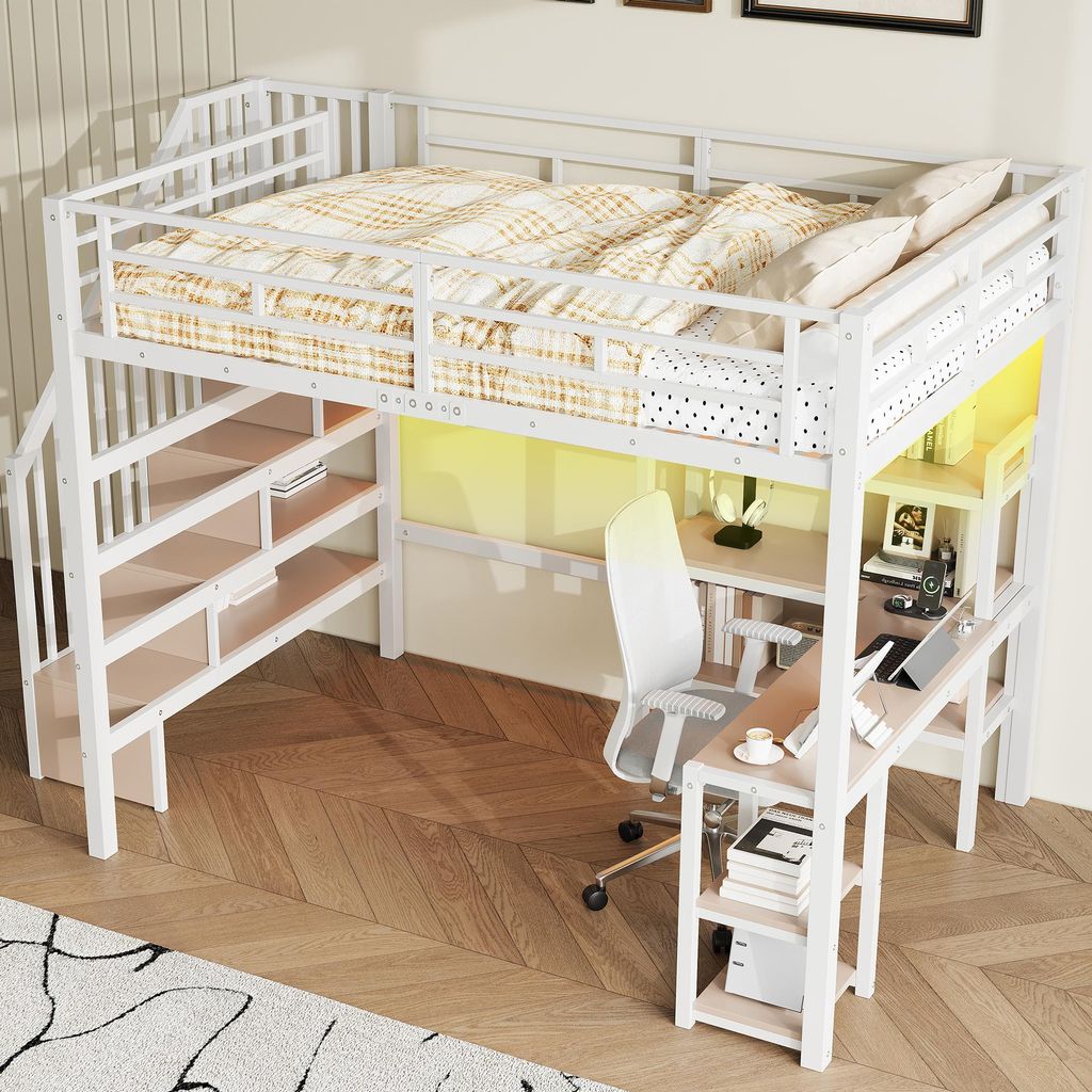 okwish Hochbett 140×200 mit Matratze und Schreibtisch, Jugendbett mit USB-Ladestation und LED,Funktionsbett in Weiß