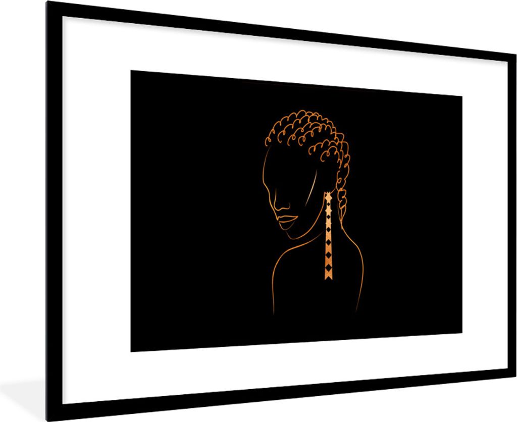 MuchoWow Gerahmtes Poster Frau - Ohrringe - Linienkunst - Gold 90x60 cm - Poster mit Schwarzem Bilderrahmen Wandposter Rahmen Foto Bilder - Wandd...
