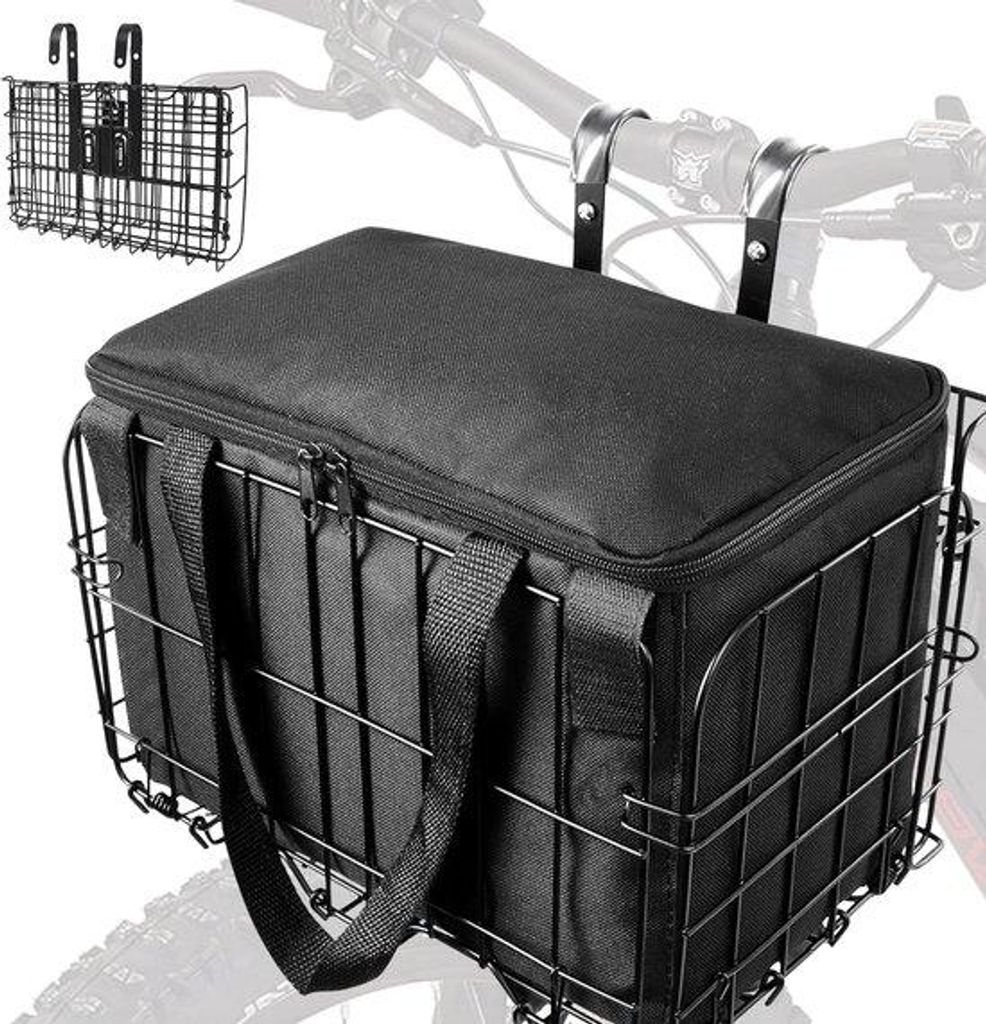 Metallischer Fahrradträger vorne – Schnellklemm – Abnehmbarer Innenbeutel – E-Bike geeignet – für Hunde & Einkäufe – schwarz