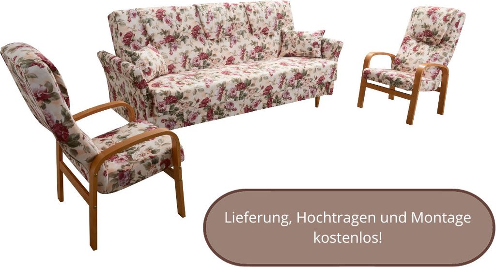 Couch plus zwei Sessel BOSTON Sofa mit Schlaffunktion Bettkasten, zwei Kissen - Satz: 3 + 1 + 1, verschiedene Farben - Blumenmuster Erle