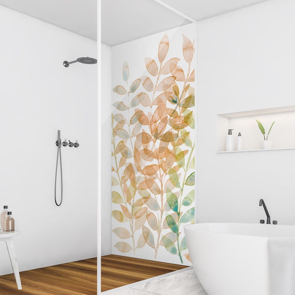 Duschrückwand originell selbstklebend - 0.61 mm Wandpaneel wasserfest Pflanzen orange Aquarell Tropisch Badrückwand fugenlos Premium matt 110x190 cm