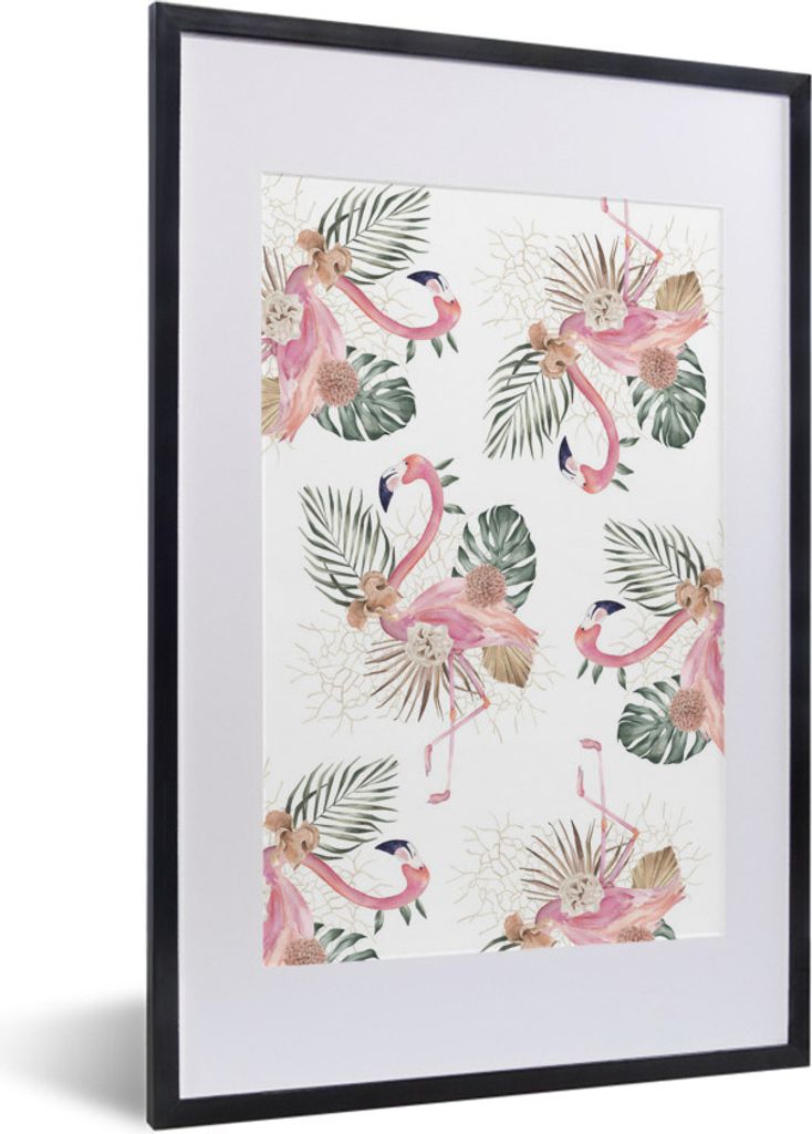 MuchoWow MuchoWow Gerahmtes Poster Muster - Blumen - Flamingo 40x60 cm - Poster mit zchwarzem Bilderrahmen - Poster in Rahmen