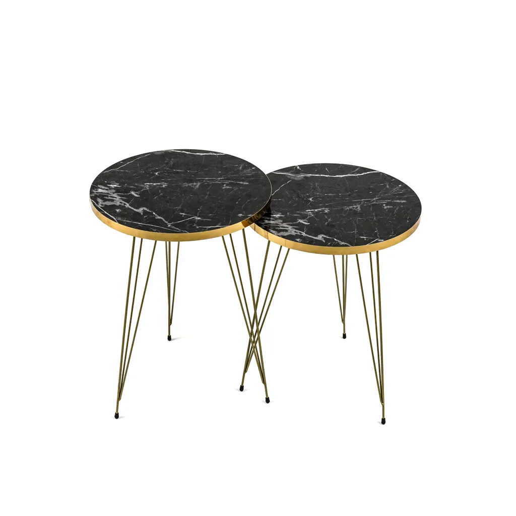 Table gigogne effet marbre noir - Lot de 2 tables rondes style chic - 4