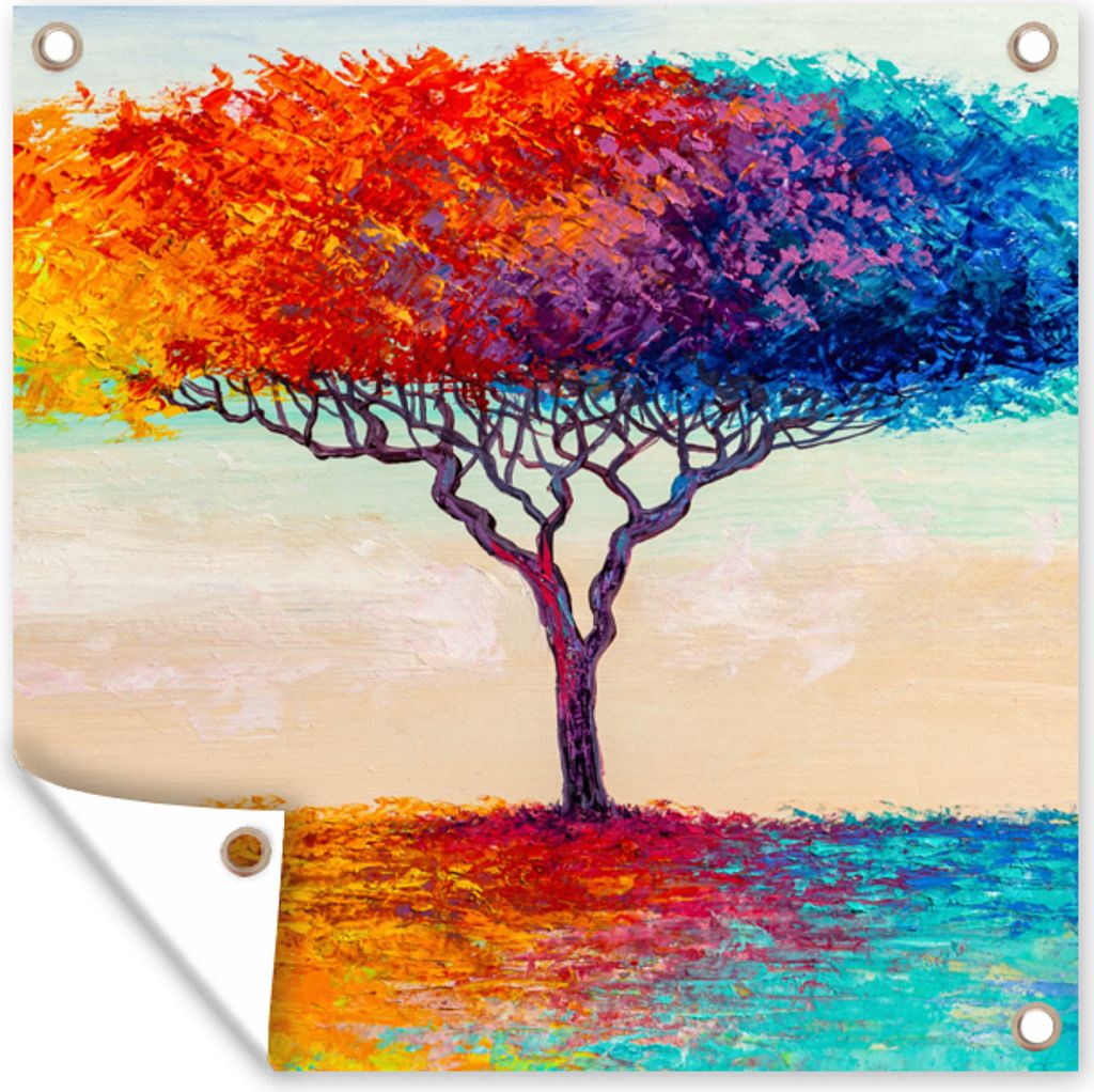MuchoWow 100x100 cm Outdoor-Poster Gartendeko Sichtschutz Garten Poster für den Garten Gemälde - Ölfarbe - Baum - Regenbogen
