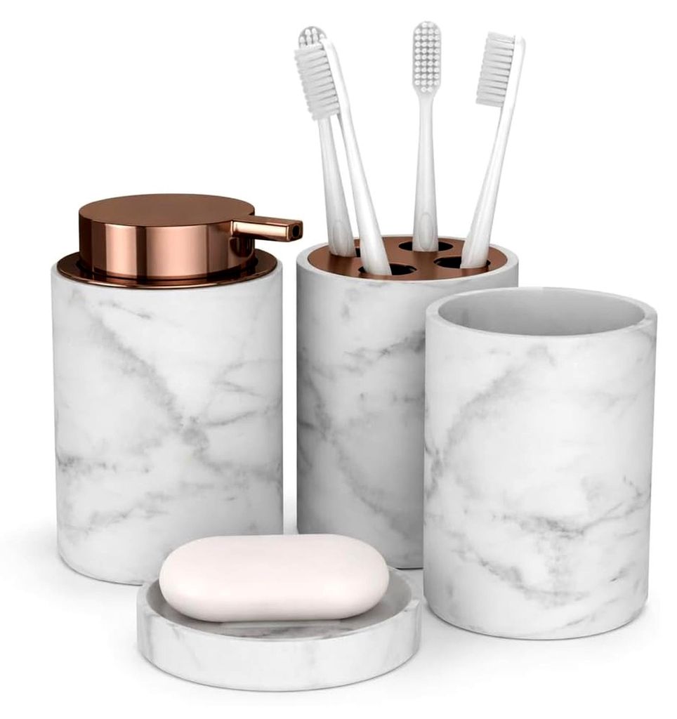 Badezimmer Set 4-teilig Marmor – Badaccessoires mit Seifenspender, Zahnputzbecher und Zahnbürstenhalter – modernes Badezimmer Zubehör in Wei...