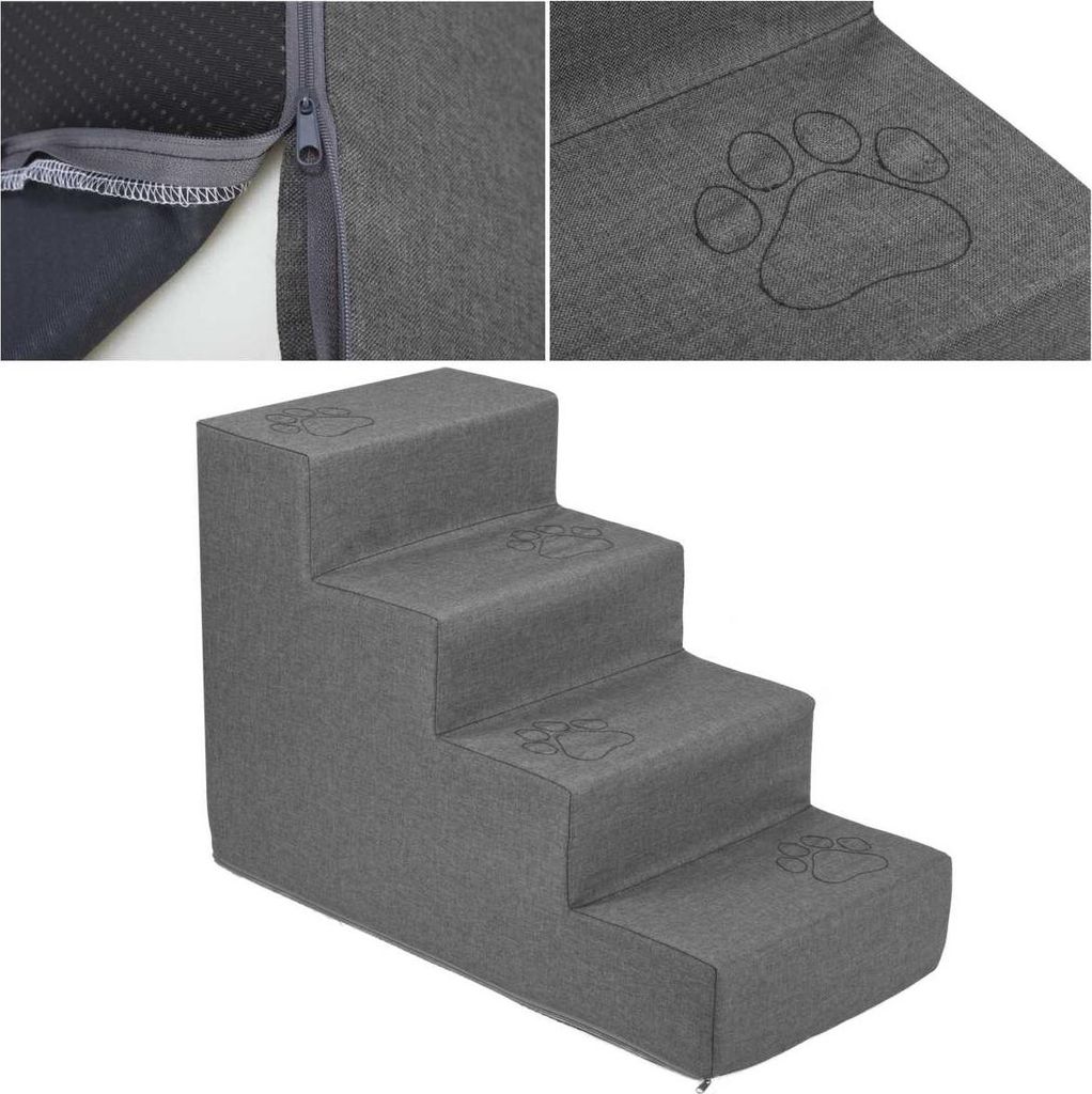 Welsti Treppe für Hunde und Katzen, Höhe 40 cm, 4 Stufen, dunkelgrau, mit Pfoten, für Tiere bis 10 kg