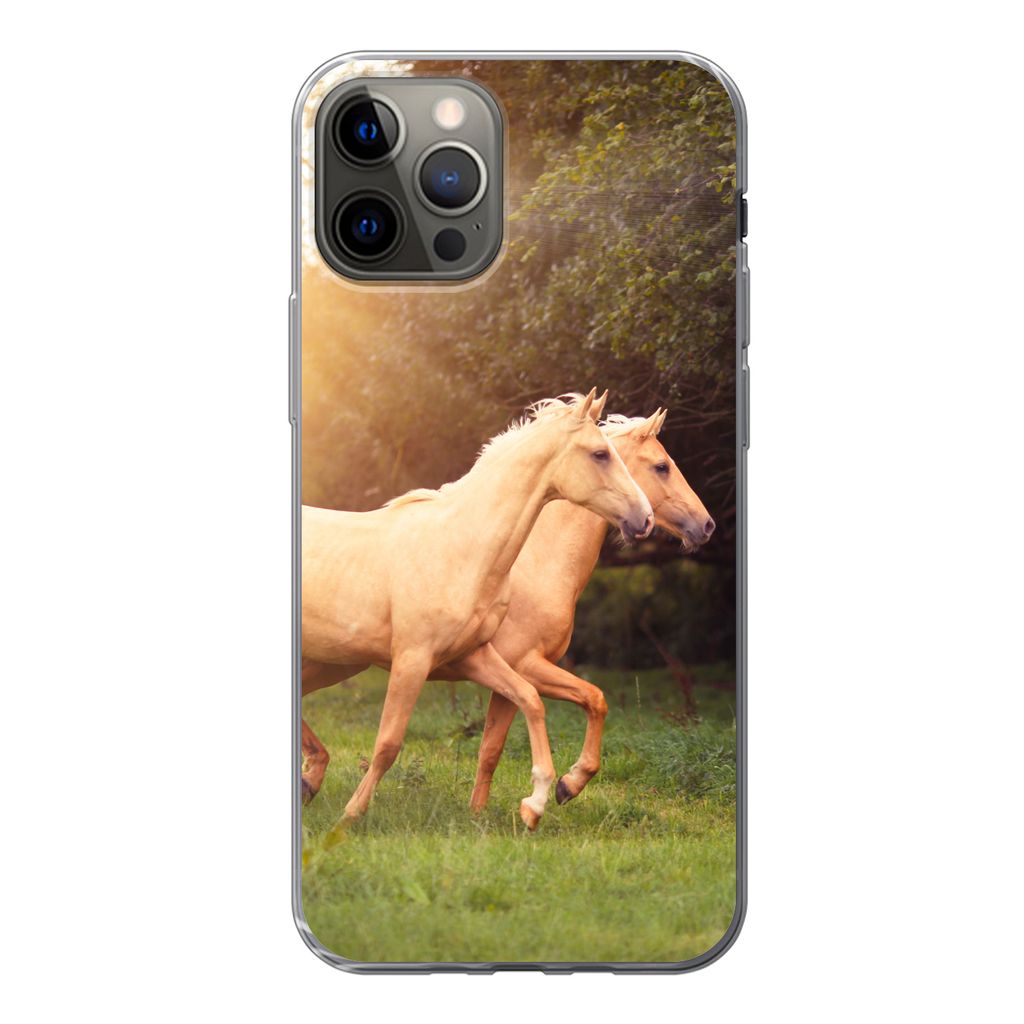 MuchoWow Handyhülle Schutzhülle Hülle für iPhone 13 Pro Pferde - Wald - Sonne Silikon Softcase Handy Hülle - Handy-Tasche