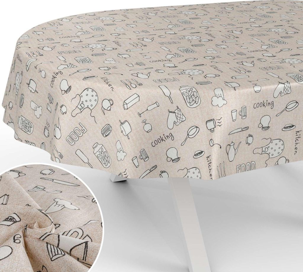 Tischdecke Küche mit Tee und Kaffee aus Textil Tischtuch mit Beschichtung Tischwäsche Aquarell Beige Oval Breite 140cm Länge 280cm mit Schnittkante