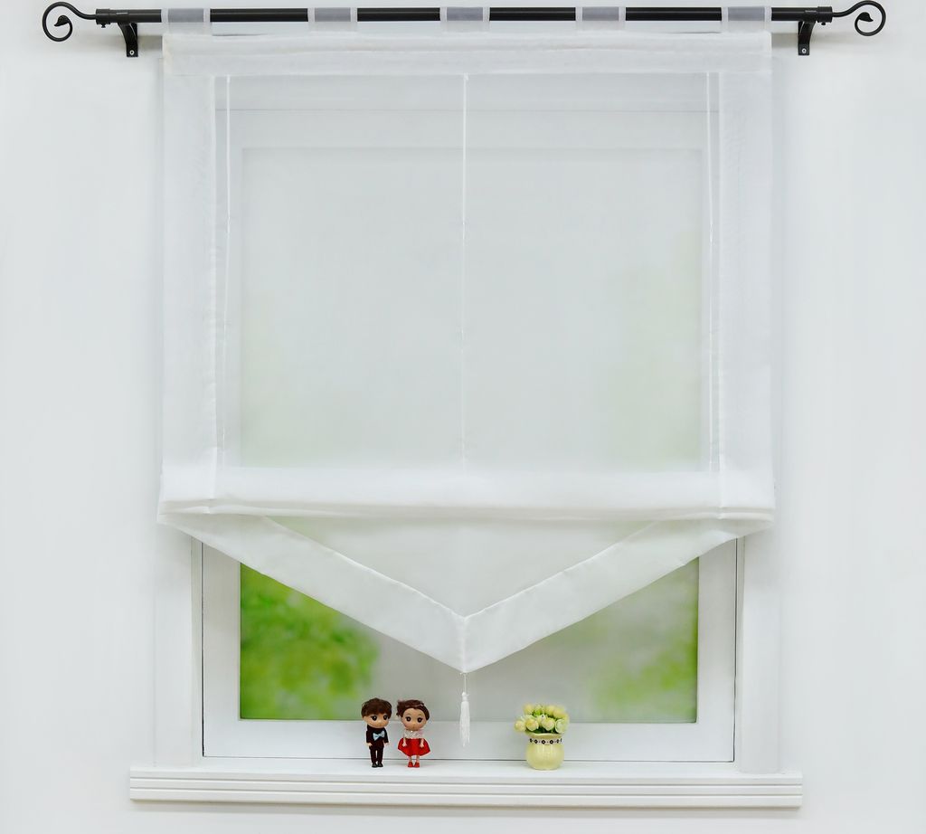 Joyswahl Raffrollo mit Schlaufen Küche Gardinen Modern Raffgardinen Landhausstil Voile Uni Transparent Weiß BxH 140x140cm 1 Stück