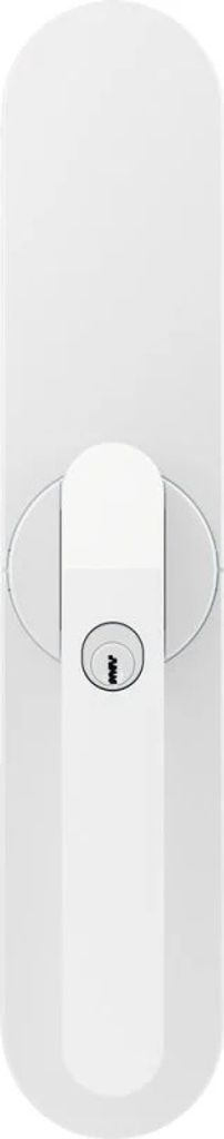 A white door handle with a keyhole is shown against a white background.