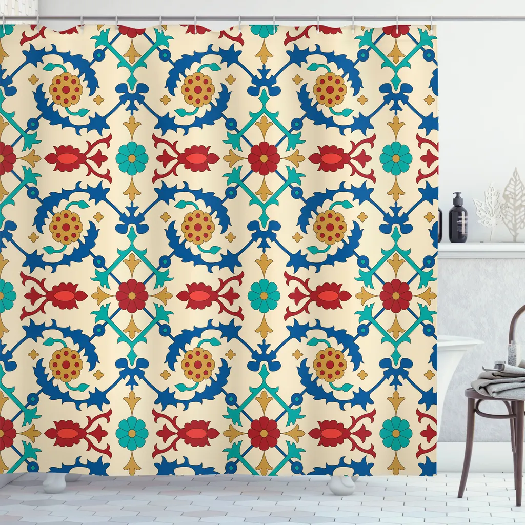 Rideau de Douche en Tissu Motif Ethnique Baroque Multicolore 175x240 cm
