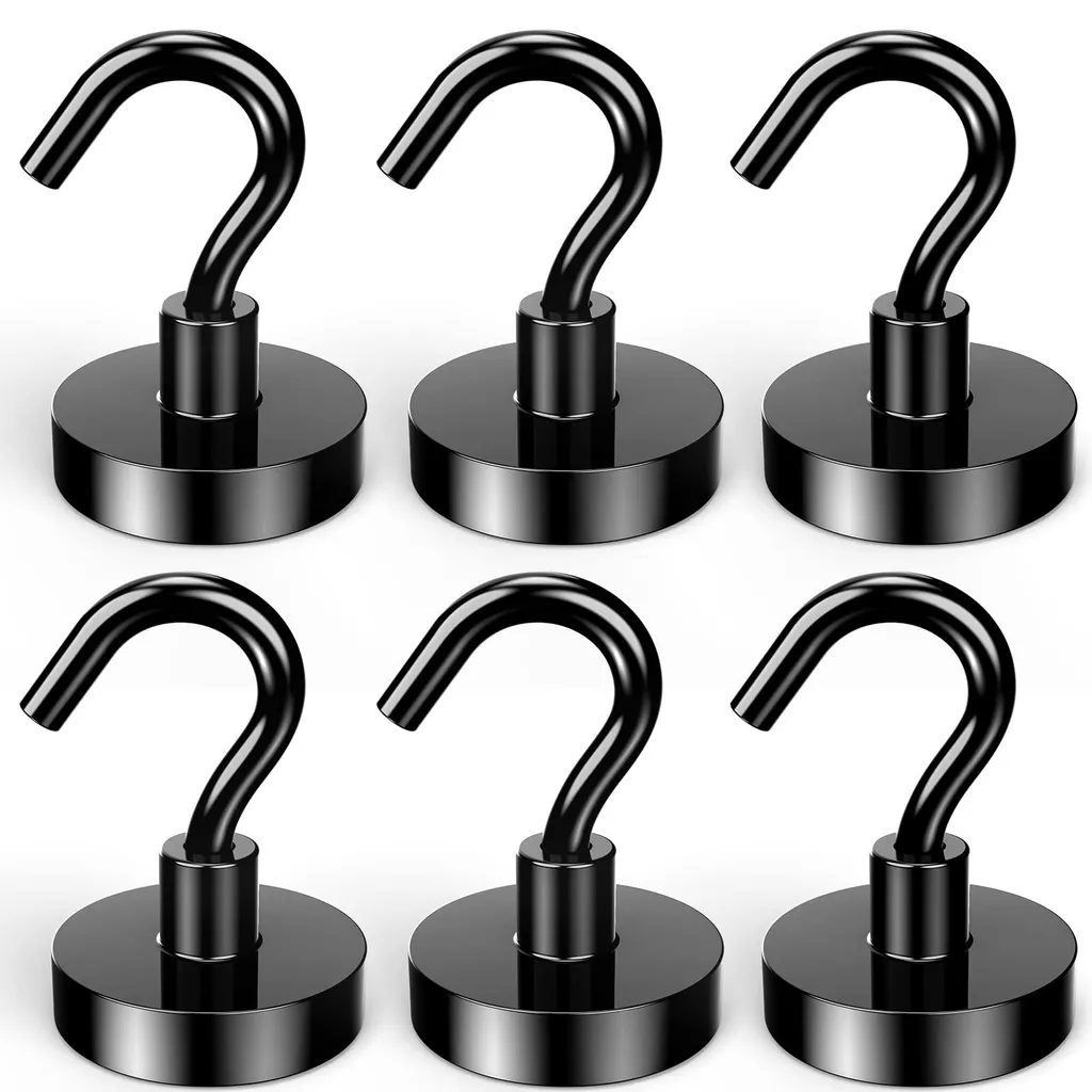 Crochet Magnétique Néodyme Noir - Lot de 6 Aimants Puissants de 38kg
