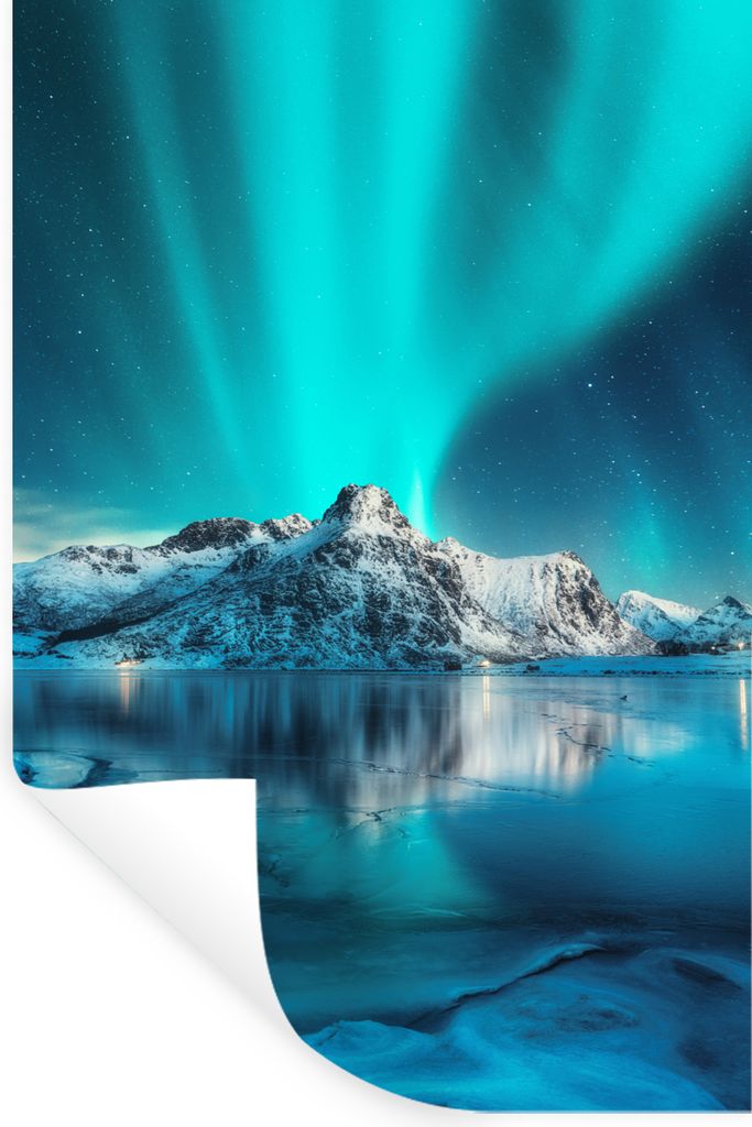 MuchoWow Wandtattoo Wandsticker Wandaufkleber Nordlicht - Eis - Schnee - Norwegen - Blau - Berge 20x30 cm Selbstklebend und Repositionierbar - St...