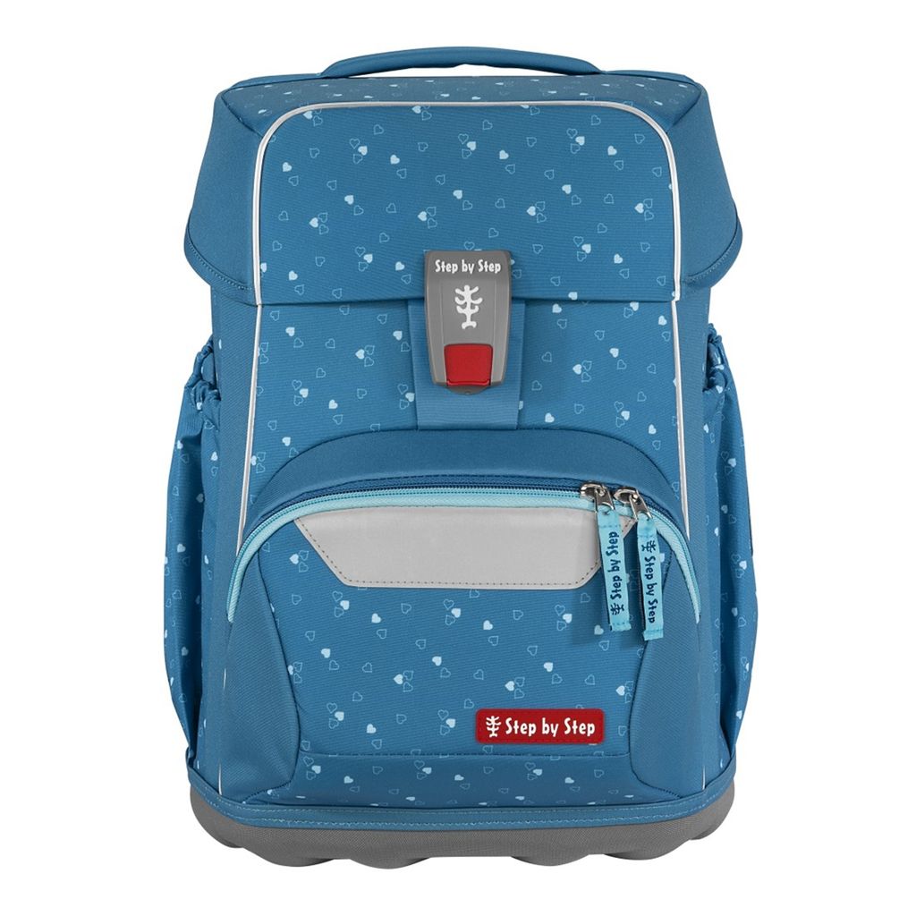 A blue school backpack with a heart pattern.