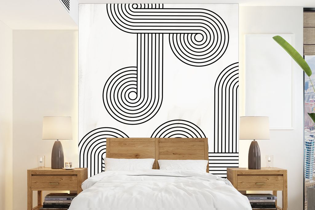 MuchoWow Fototapete für Wohnzimmer oder Schlafzimmer Wandtapete Vinyl Motivtapete Kunst - Kreis - Schwarz - Weiß - 205x280 cm - Wandbild